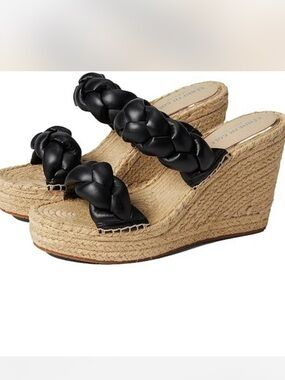 Kenneth Cole Black Braided Leather Espadrille Wedge Sandals